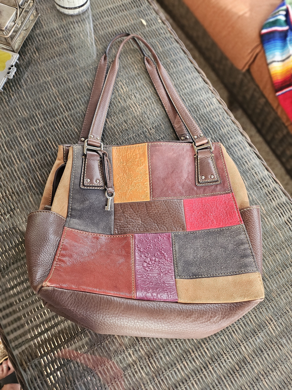 Vintage Brown Fossil Patchwork Multi-Color Leather Tote Bag - Purse Key Charm